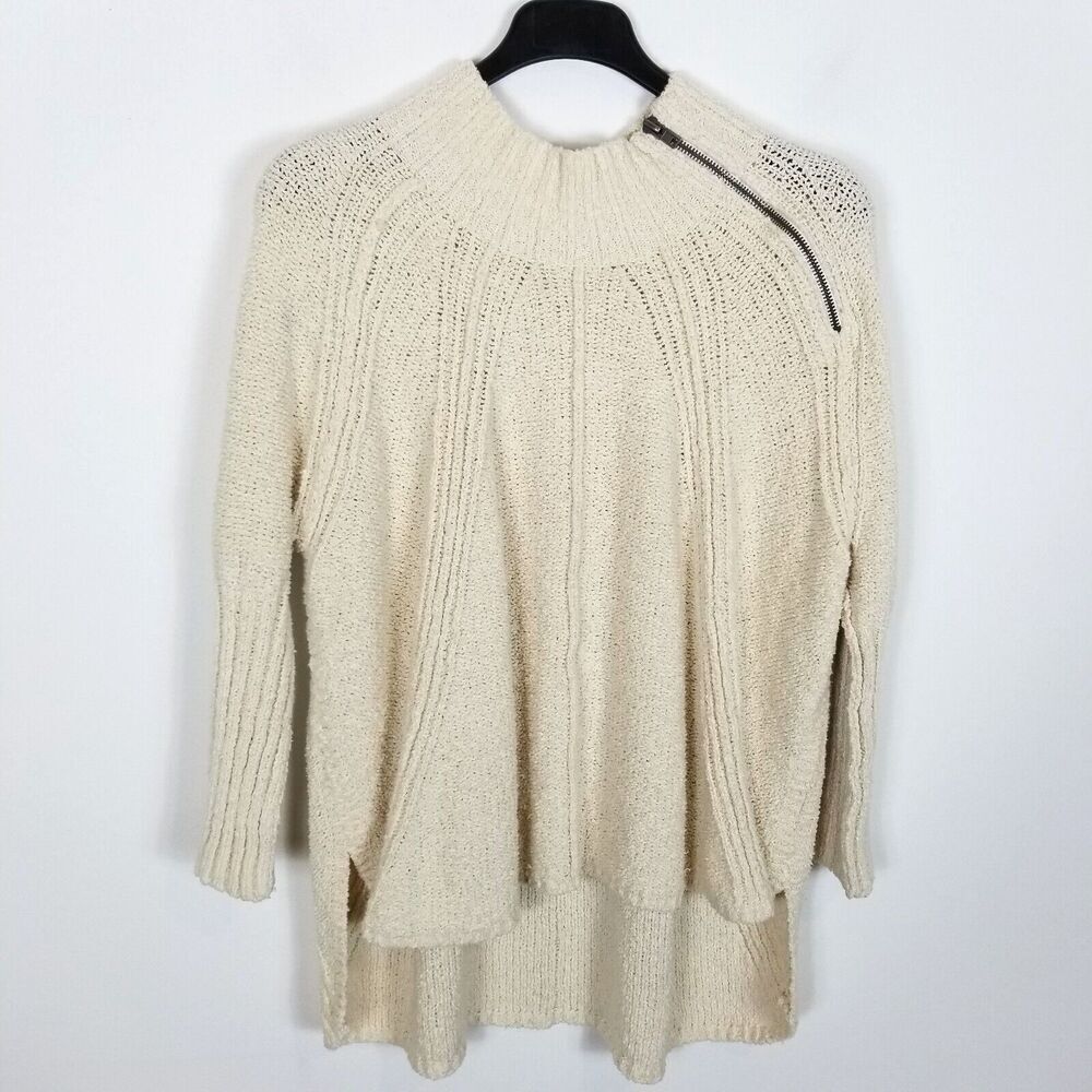 Free People Women‎ Oversized Mock Neck High Slit Sweater Sz XS/S  Ivory Pullover